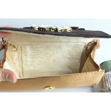Wedding Party Clutch, Hard Body Purse, Brown And Copper Bronze Fabric Purse